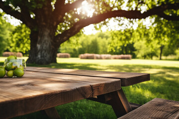 Wood table for family picnic under big tree - obrazy, fototapety, plakaty