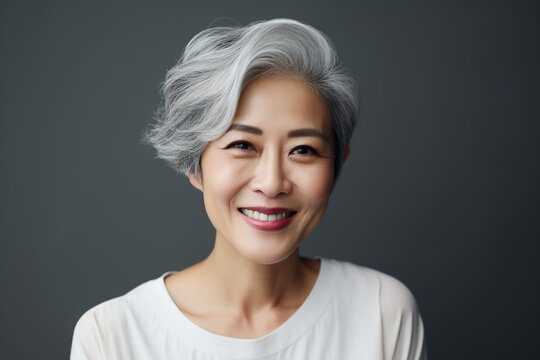 Beautiful Grey Hair Asian Woman Smiling With Smooth Face Skin.