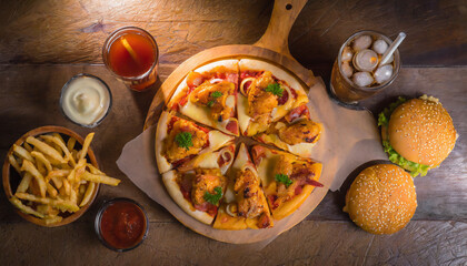 Delicious food on a wooden surface