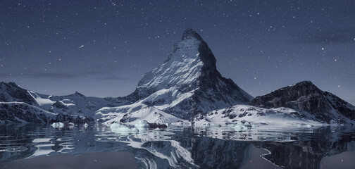 Digital composition of the Matterhorn mountain reflected on the water surface in front of a starry...