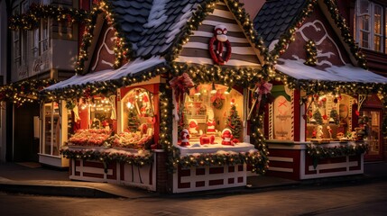 Obraz premium Colorful miniature houses with festive decorations at winter market in urban setting