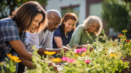 Diverse Community Engaged in Volunteering at a Vibrant Urban Garden. Group of People of Different Races and Ages Working Together in Community Service