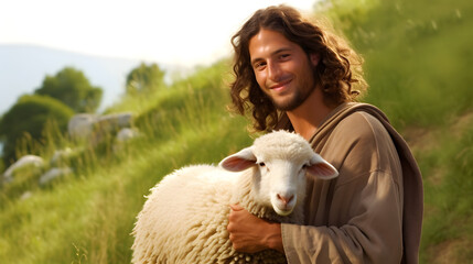 Jesus recovered the lost sheep carrying it in arms. Biblical story conceptual theme. - obrazy, fototapety, plakaty
