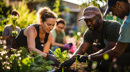 Diverse Community Engaged in Volunteering at a Vibrant Urban Garden. Group of People of Different Races and Ages Working Together in Community Service - obrazy, fototapety, plakaty