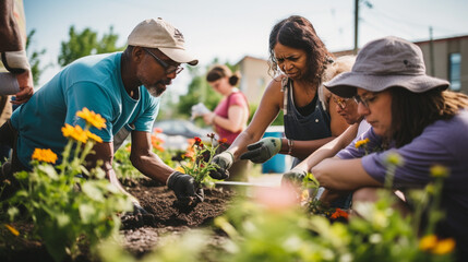 Diverse Community Engaged in Volunteering at a Vibrant Urban Garden. Group of People of Different Races and Ages Working Together in Community Service