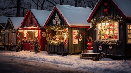 Colorful miniature houses with festive decorations at winter market in urban setting