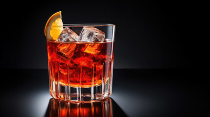 glass of cola with ice and lemon, Negroni Cocktail isolated on black background