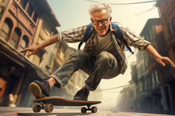 Modern old man riding a skateboard in a skate park - Powered by Adobe