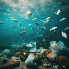 Fototapeta na wymiar animals fish among garbage.Save animals environmental problems background image