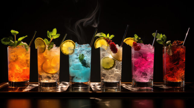 set of Alcoholic cocktails, Variety of alcoholic drinks and multi colored cocktails on the reflective surface of bar counter, Mixologist's creativity in cocktail