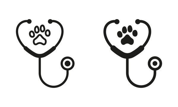 Veterinarian Medicine Equipment Line and Silhouette Icon Set. Stethoscope and Animal Footprint Veterinary Concept. Pet, Dog, Cat Health Care Service Symbol Collection. Isolated Vector Illustration
