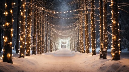 Snowy road in winter forest with festive Christmas lights on trees