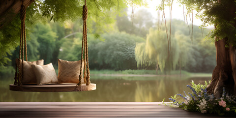 Old wooden terrace with wicker swing hang on the tree