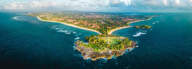 Aerial view of Nusa Dua Beach in Bali Indonesia with peninsula island