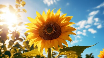 A sunflower reaching for the sky, its yellow petals following the path of the sun throughout the day.