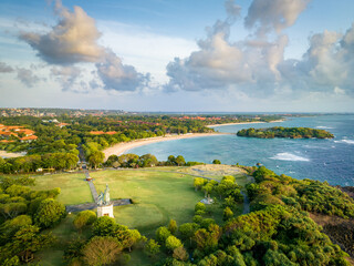 Aerial view of Nusa Dua Beach in Bali Indonesia with peninsula island