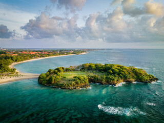 Aerial view of Nusa Dua Beach in Bali Indonesia with peninsula island