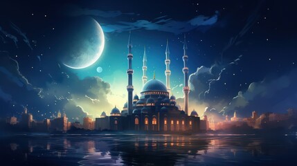 mosque in night - obrazy, fototapety, plakaty