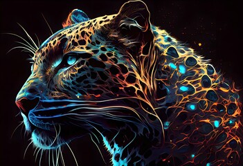 Drawing Snow leopard portrait on a black background. Snow leopard in creative art style, neon style, leopard on a black background, colorful illustration