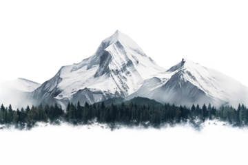 Flat rock mountain relief with snowy cliff, and hill surrounded forest. Isolated rocky peak, cartoon canyon silhouette on transparent background