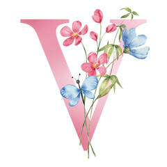 Pink letter V with watercolor flowers and leaves. Floral alphabet, monogram initials perfectly for birthday, wedding invitations, greeting card, logo, poster and other design. Hand painting.