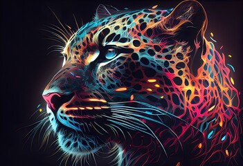 Drawing Snow leopard portrait on a black background. Snow leopard in creative art style, neon style, leopard on a black background, colorful illustration