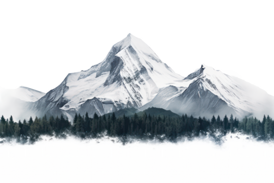 Flat rock mountain relief with snowy cliff, and hill surrounded forest. Isolated rocky peak, cartoon canyon silhouette on transparent background - Powered by Adobe