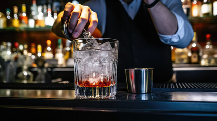 bartender pouring beer into glass, Man bartender hand making negroni cocktail. Negroni classic cocktail and gin short drink with sweet vermouth, red bitter liqueur - obrazy, fototapety, plakaty
