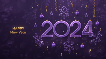 Foto op Canvas Happy New Year 2024. Hanging glitter ice numbers 2024 with shimmering snowflakes, stars, balls, confetti on purple background. New Year greeting card, banner, flyer, poster. Vector illustration. © iuriimotov