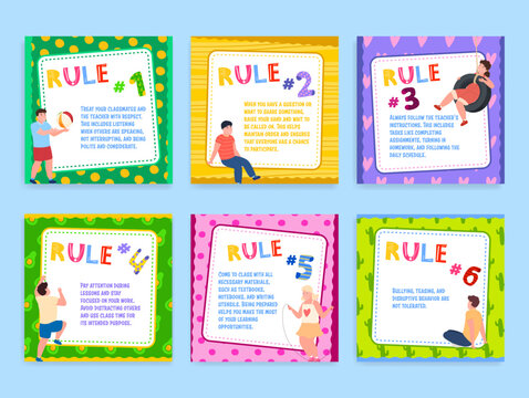 Classroom rules poster design template with playing kids and place for text set vector illustration