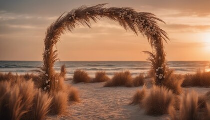 Bohemian beach wedding arch Pampas grass digital wedding backdrop with tailored for sunset photo-shootings - obrazy, fototapety, plakaty