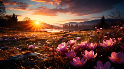 Poster colorful crocus flowers blooming in early spring © RozaStudia