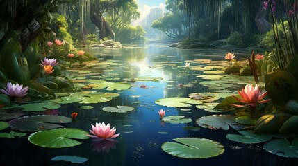 A tranquil pond surrounded by water lilies, their leaves floating gently on the water's surface,...