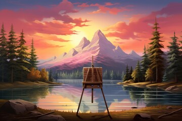 An easel on the background of a beautiful mountain landscape
