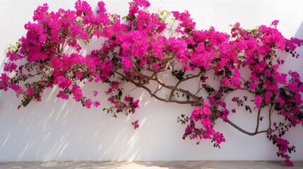 A vibrant bougainvillea vine, covered in papery pink and purple bracts, creating a striking display of color against a white wall. - obrazy, fototapety, plakaty