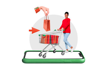 Creative collage image of arm hold give store bag trolley mini person huge smart phone display arrow pointer cursor isolated on white background