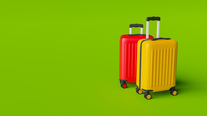Pair of suitcases standing on green background. 3d rendering of modern luggage