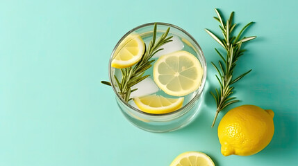  lemonade drink or cocktail with ice on green background, rosemary and lemon slices on pastel light green surface. Fresh healthy cold lemon beverage. Water with lemon.lemon and lime Summer refreshing