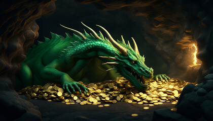 A green dragon with an open mouth lies in a cave on gold coins - 678660535