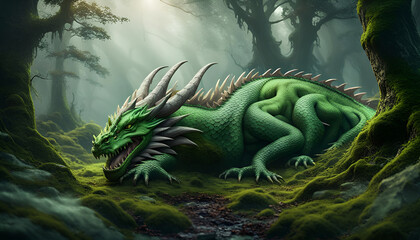 A green dragon with an open mouth lies among the mossy trees of an old forest - 678660542