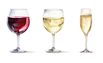 Glasses of Red Wine, White Wine and Champagne Semi Transparent Watercolor Illustration, Isolated on Transparent Background
