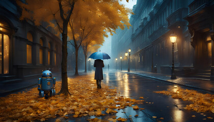 A man with an umbrella walks away along an autumn night street with yellowed trees and yellow leaves on the sidewalks in the fog, leaving a blue android robot - 678660576