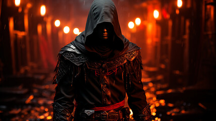 portrait of a young devil dressed in leather with a hood and a red lantern on the background of the night city.