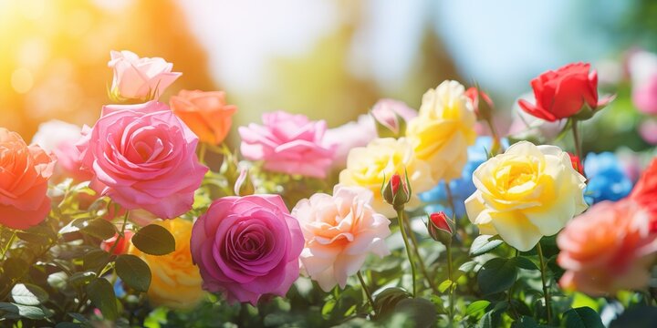 Enchanting Rainbow Roses  Vivid Blooms in Sunlit Garden, Generative AI