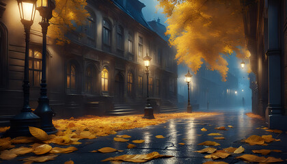 Autumn night street with yellowed trees in the fog - 678660719