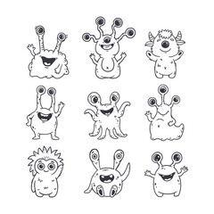 Big set of cute cartoon monsters in doodle style. Funny characters on white background for magazins, books, cards. Icon monster.  Vector illustration