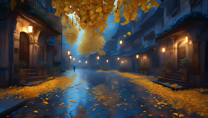 Autumn night street with yellowed trees and yellow leaves on the sidewalks in the fog - 678660763
