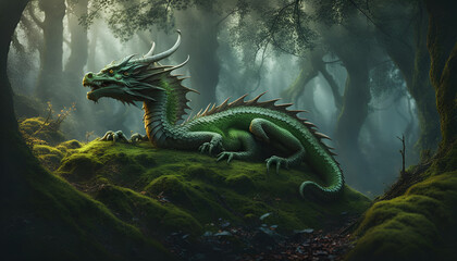 Obraz premium The green dragon lies among the mossy trees of the old forest