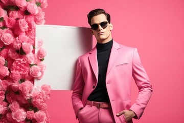 A stylish man in a pink business suit stands near a blank white banner and rose flowers. Free space for product placement or advertising text.