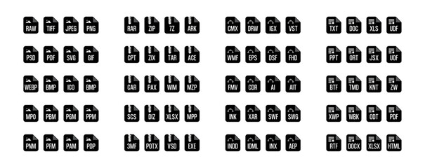 Stock market display file formats extension vector illustration Design fill icon collection - obrazy, fototapety, plakaty